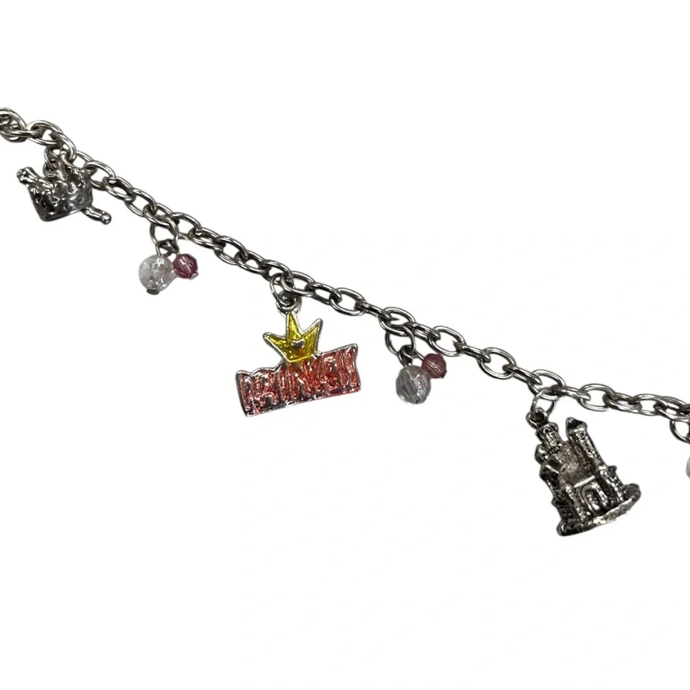 Vintage Child Princess Charm Bracelet Princess, Castle, Crown and Heart 7”